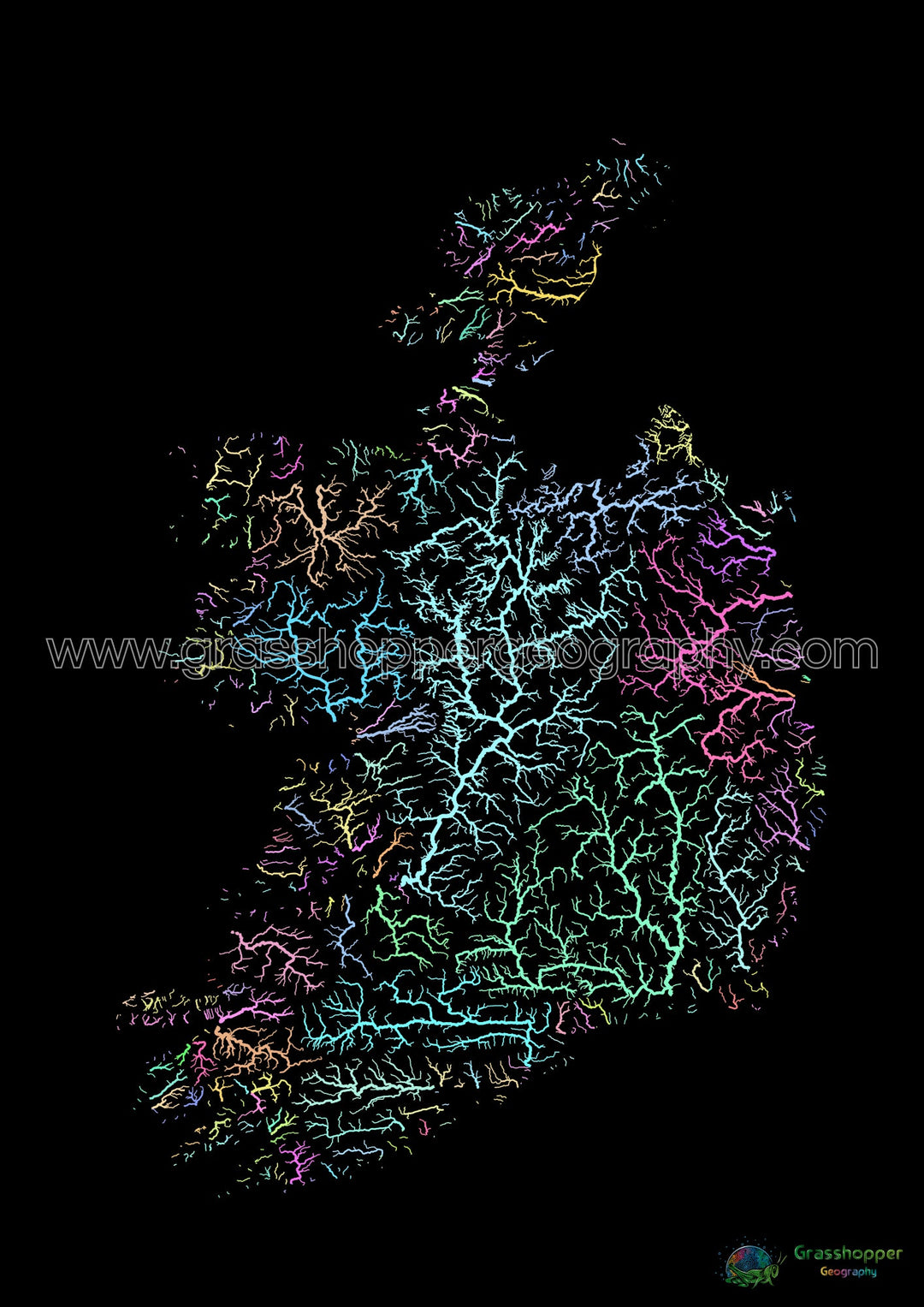 Irlande - Carte des bassins fluviaux, pastel sur noir - Fine Art Print
