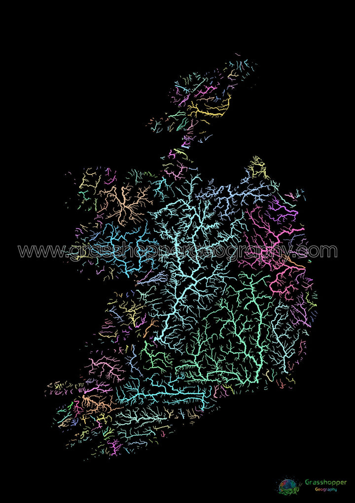 Irlanda - Mapa de la cuenca fluvial, pastel sobre negro - Impresión de Bellas Artes