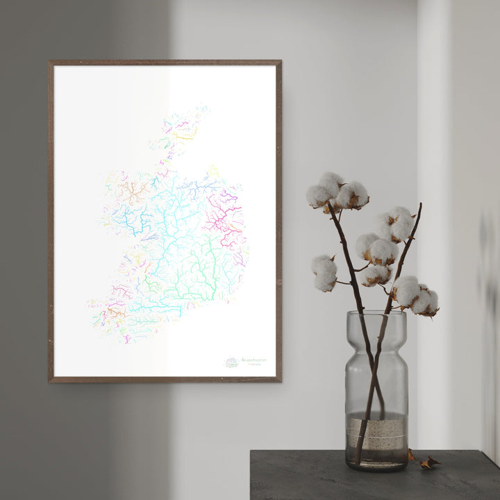 Irlande - Carte des bassins fluviaux, pastel sur blanc - Fine Art Print