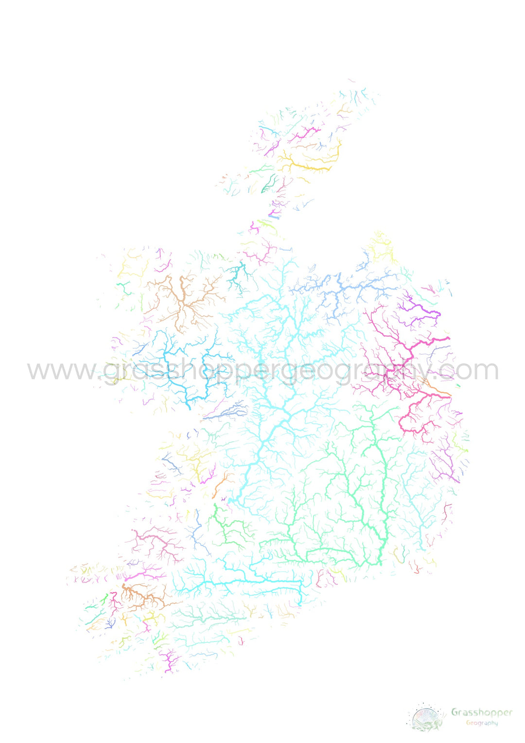 Irlanda - Mapa de la cuenca fluvial, pastel sobre blanco - Impresión de Bellas Artes