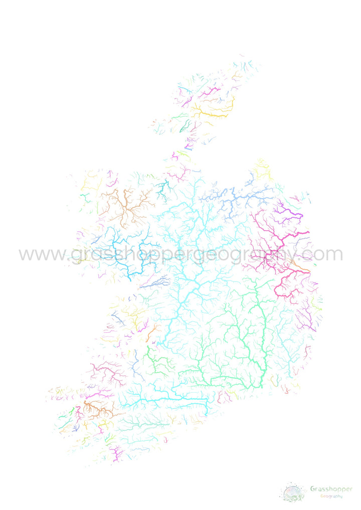 Irlande - Carte des bassins fluviaux, pastel sur blanc - Fine Art Print