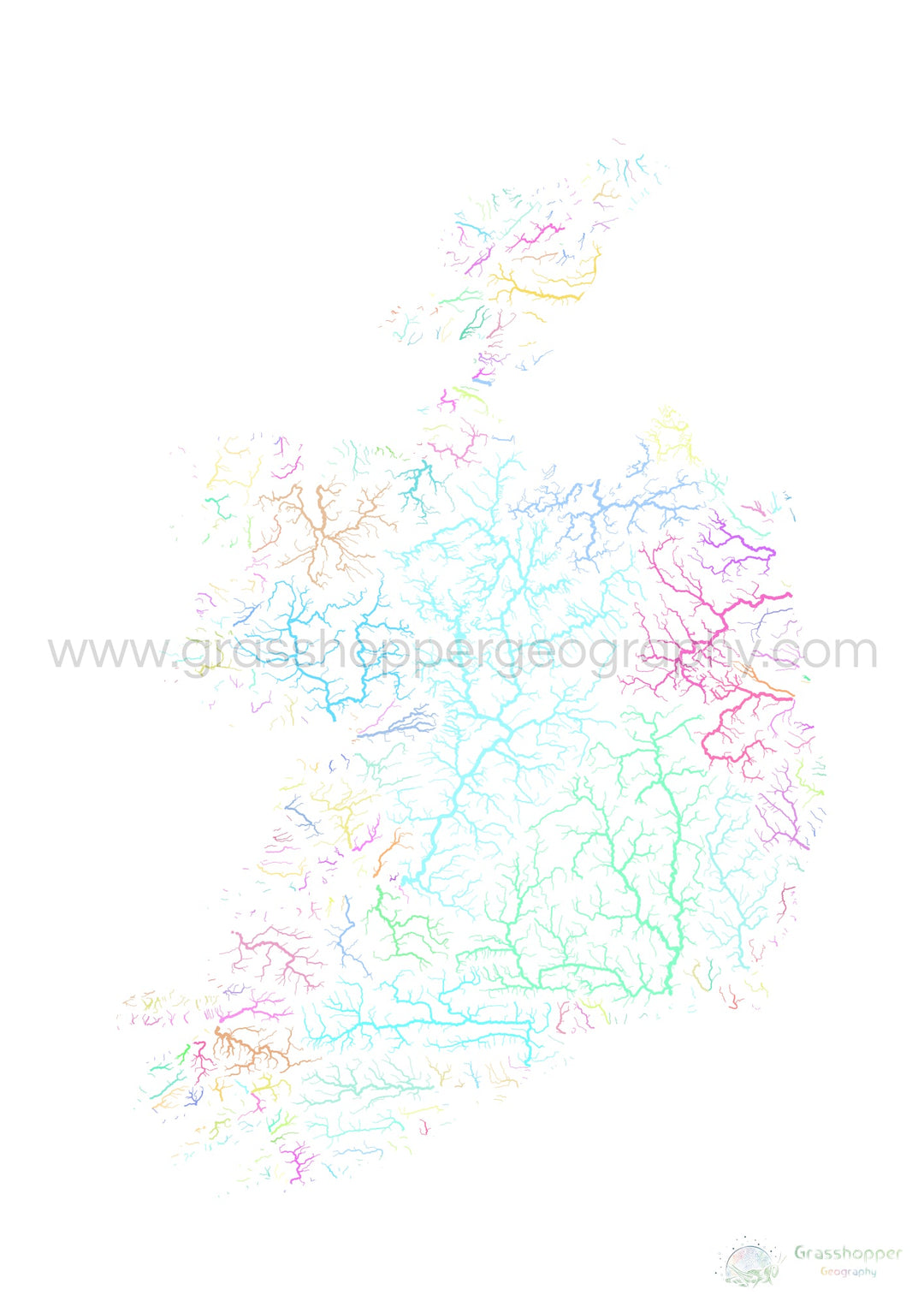 Irlande - Carte des bassins fluviaux, pastel sur blanc - Fine Art Print