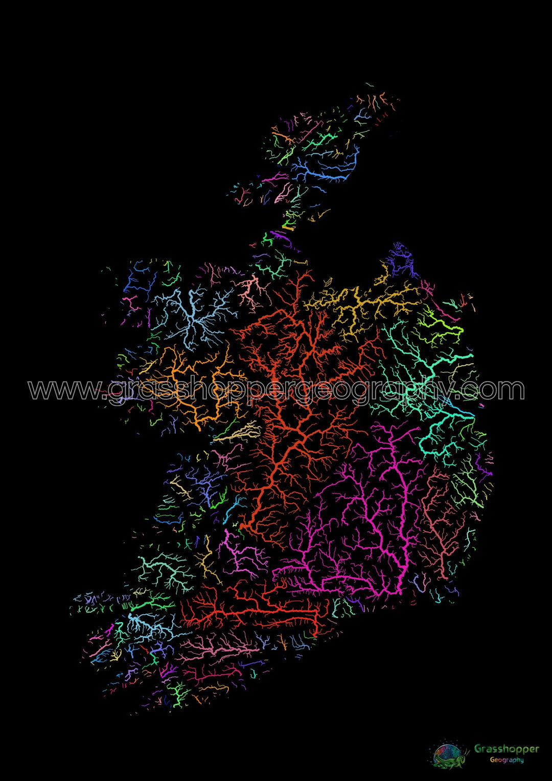 Ireland - River basin map, rainbow on black - Fine Art Print