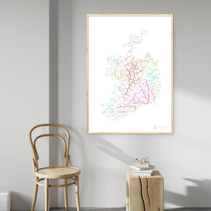 Irlande - Carte des bassins fluviaux, arc-en-ciel sur blanc - Fine Art Print