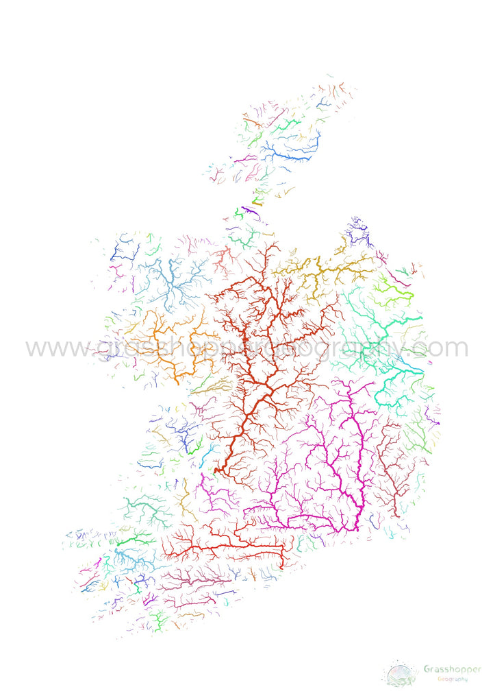 Ireland - River basin map, rainbow on white - Fine Art Print