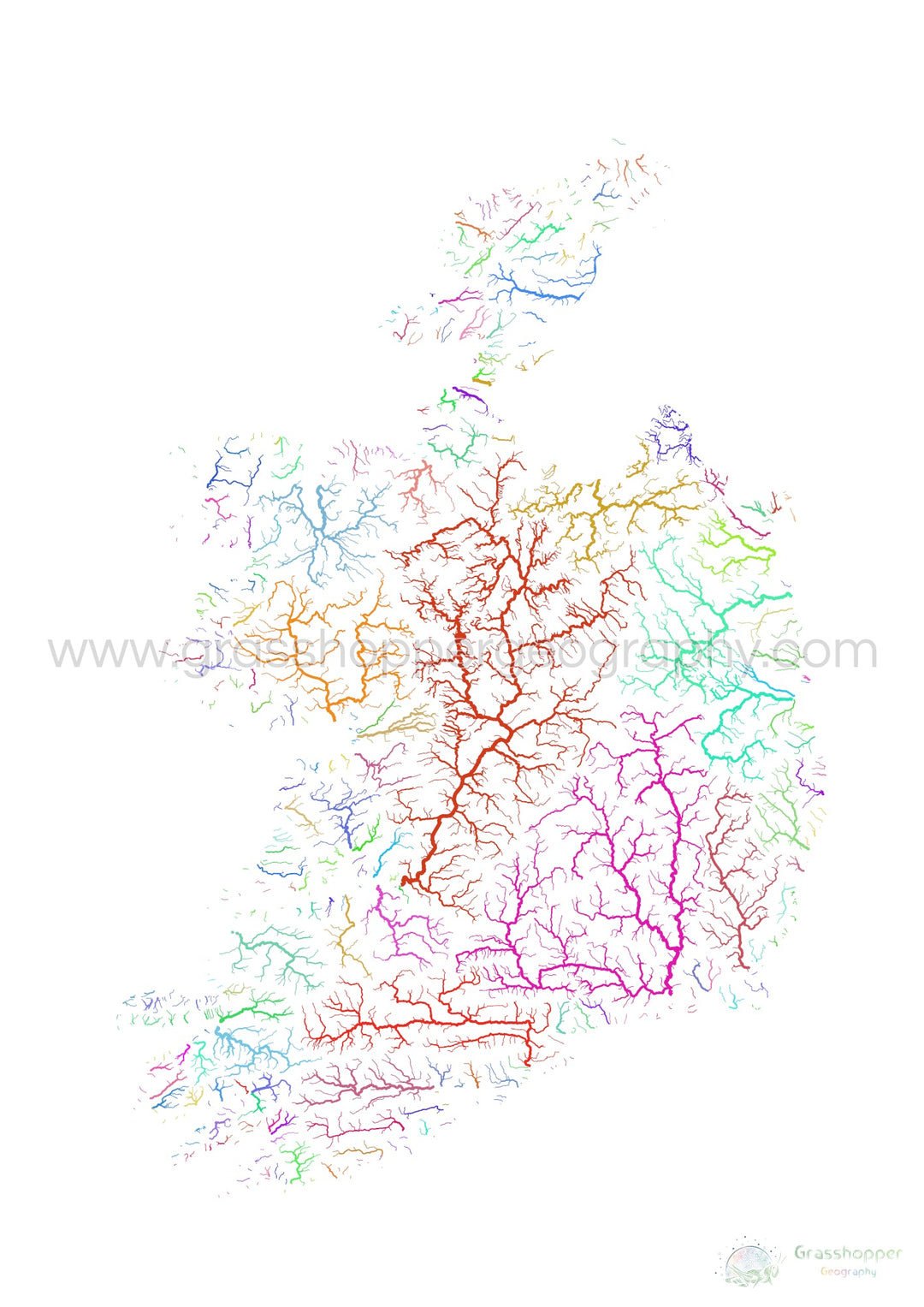 Irlanda - Mapa de la cuenca fluvial, arco iris sobre blanco - Impresión de Bellas Artes