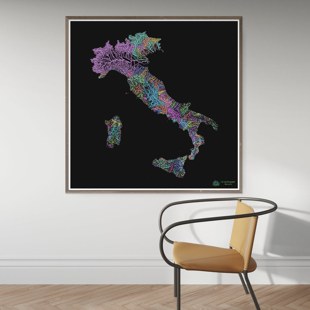 River basin map of Italy, pastel colours on black - Fine Art Print