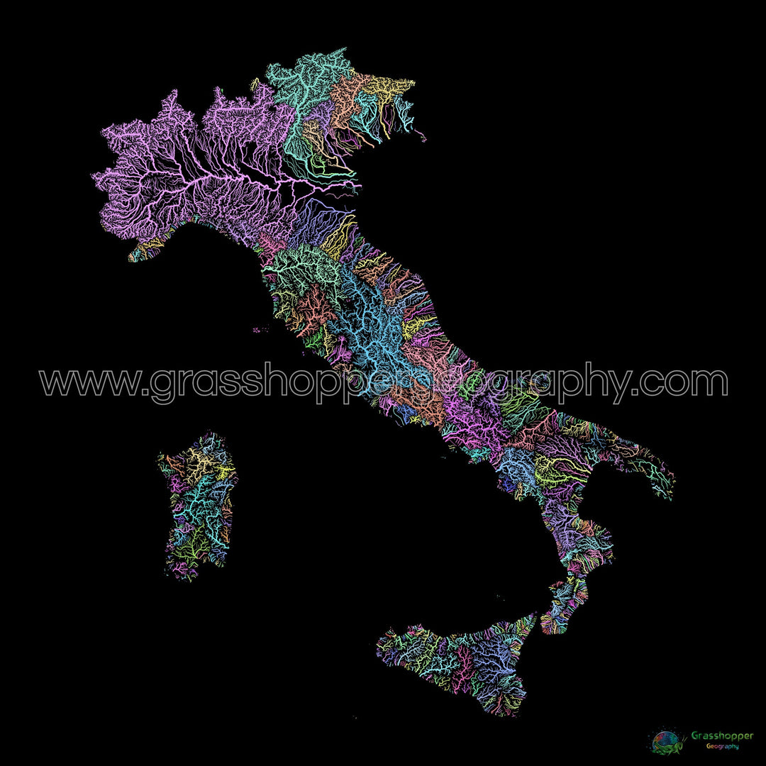 River basin map of Italy, pastel colours on black - Fine Art Print