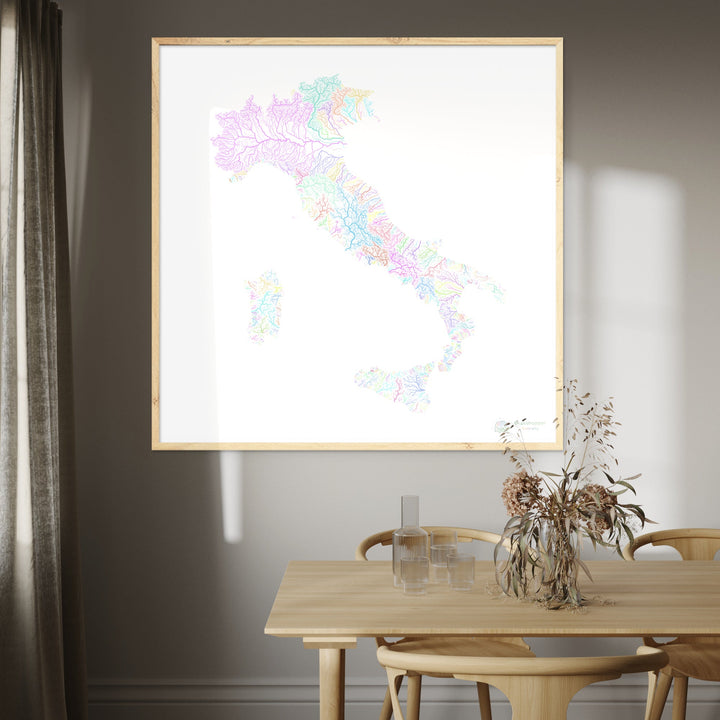 Italie - Carte des bassins fluviaux, pastel sur blanc - Fine Art Print