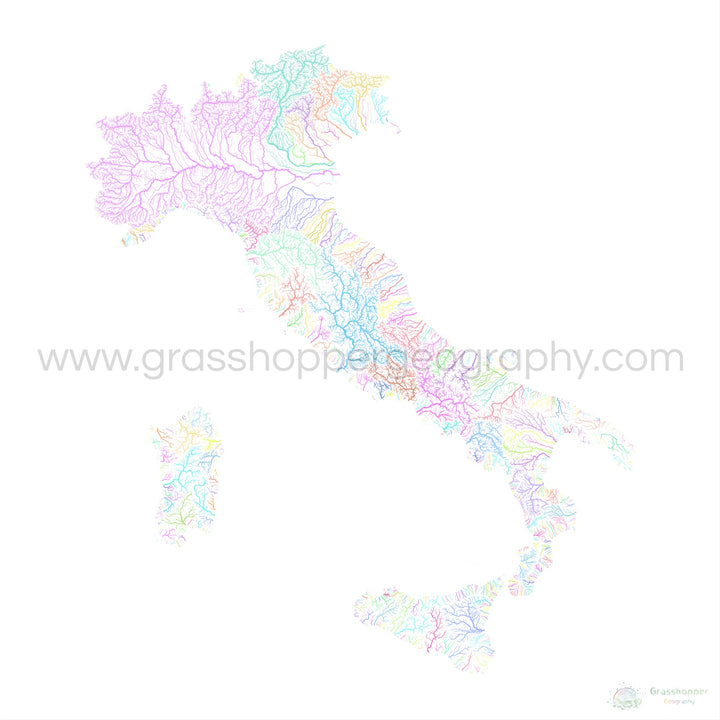 Italie - Carte des bassins fluviaux, pastel sur blanc - Fine Art Print