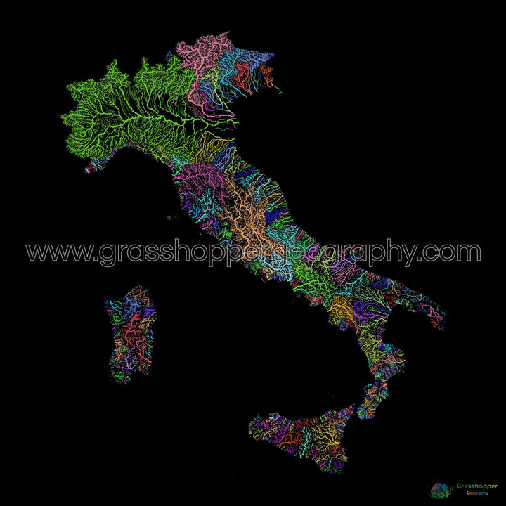 Italia - Mapa de la cuenca fluvial, arco iris sobre negro - Impresión de Bellas Artes