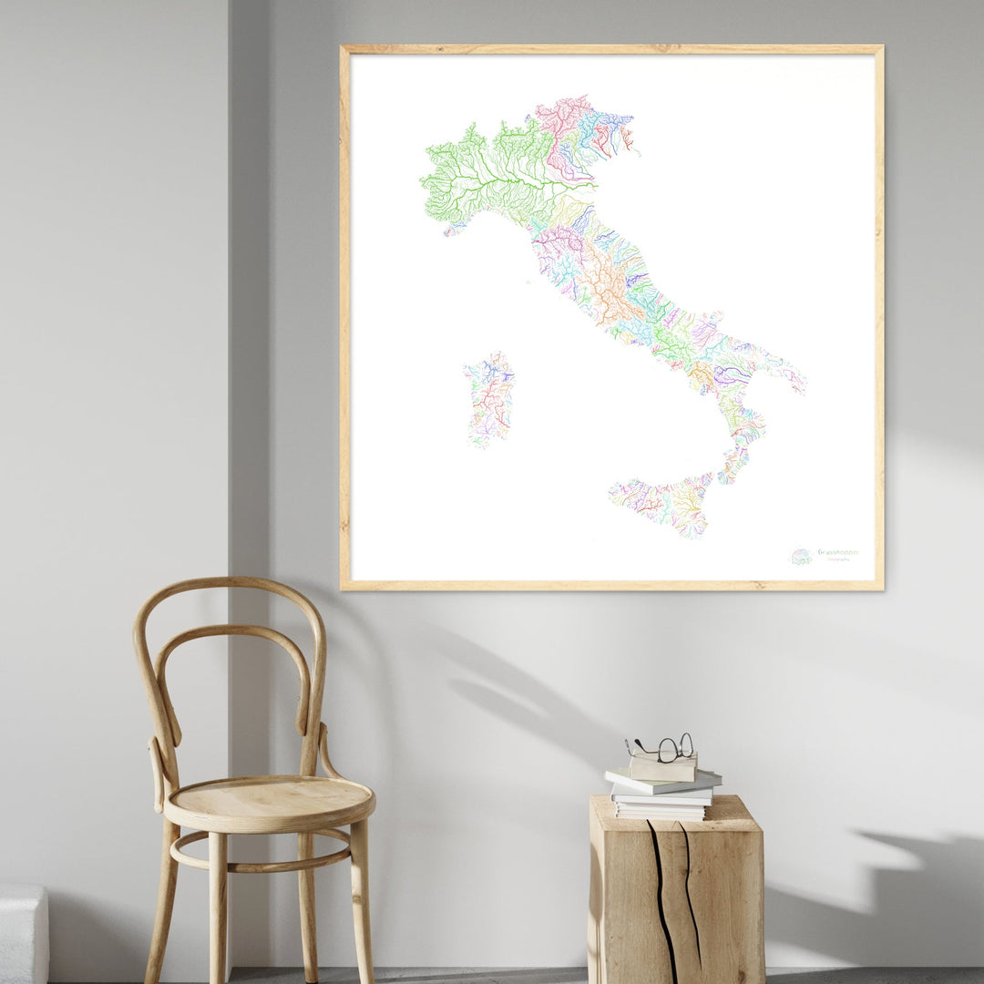 Italie - Carte des bassins fluviaux, arc-en-ciel sur blanc - - Tirage d'art