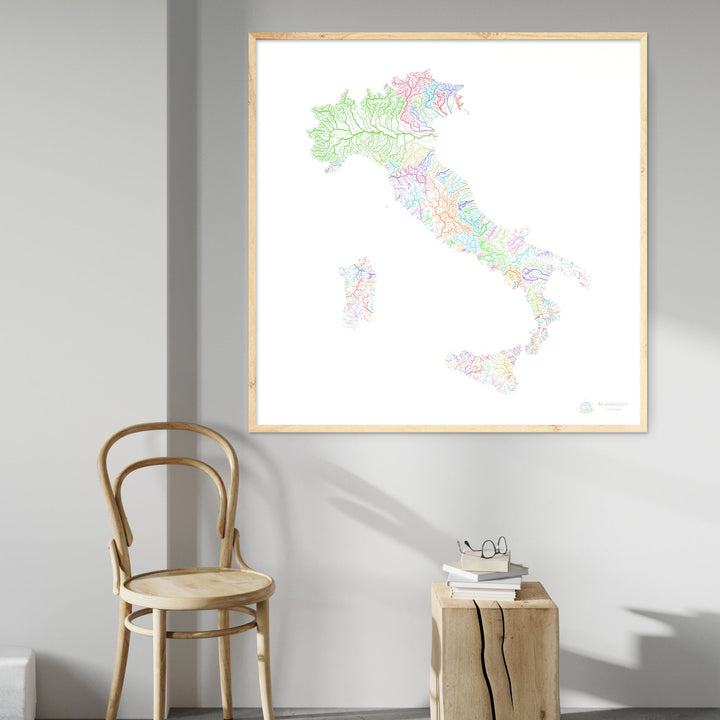 Italia - Mapa de la cuenca fluvial, arco iris sobre blanco - - Impresión de bellas artes