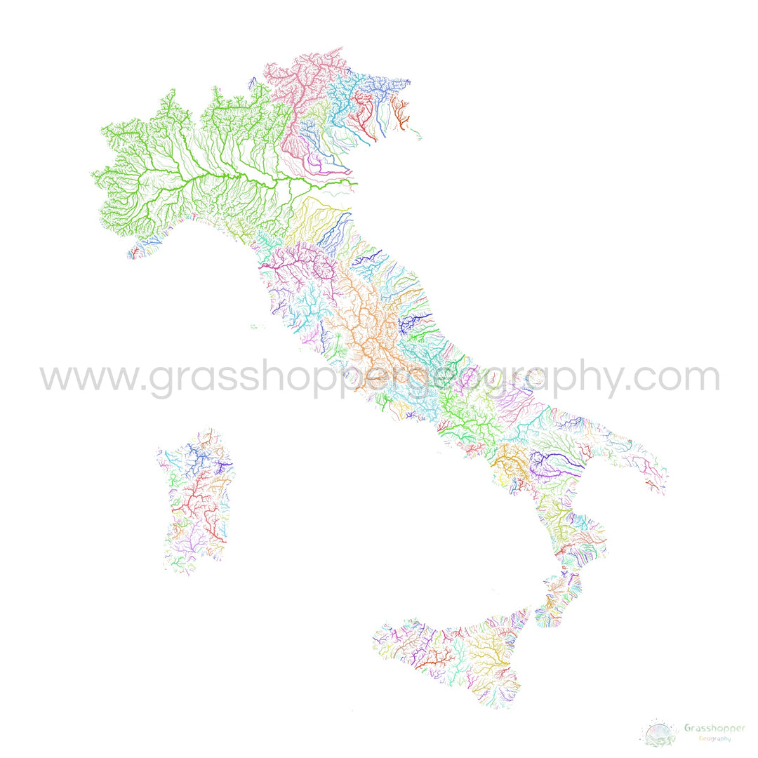Italia - Mapa de la cuenca fluvial, arco iris sobre blanco - - Impresión de bellas artes