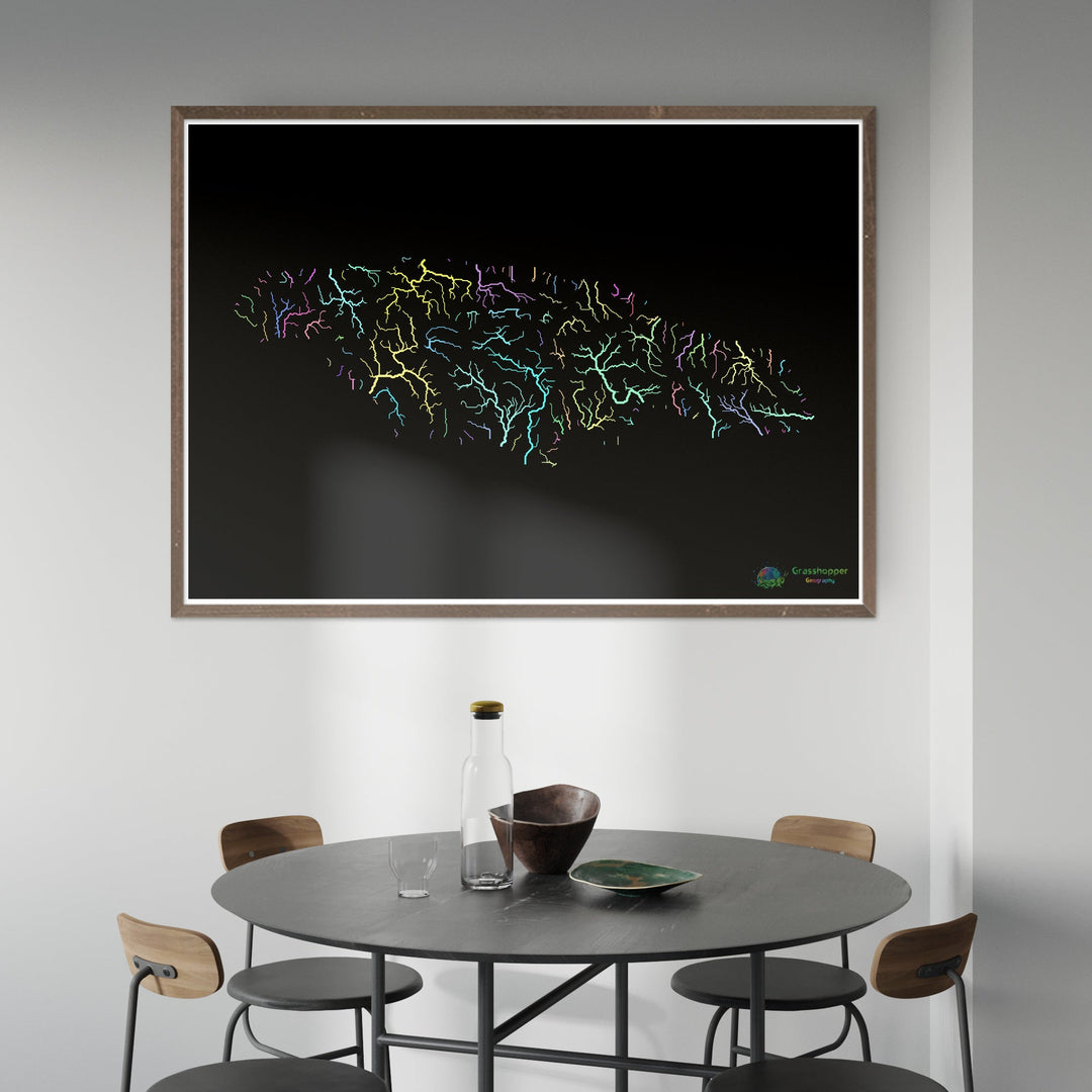 Jamaica - Mapa da bacia hidrográfica, pastel sobre preto - Impressão de belas artes