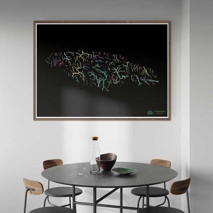 Jamaica - Mapa da bacia hidrográfica, pastel sobre preto - Impressão de belas artes