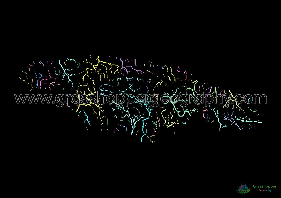 Jamaica - Mapa da bacia hidrográfica, pastel sobre preto - Impressão de belas artes