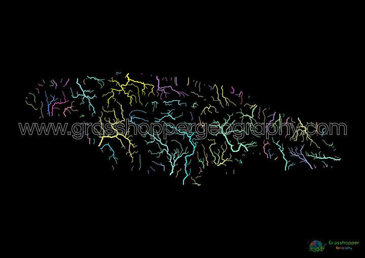 Jamaica - Mapa da bacia hidrográfica, pastel sobre preto - Impressão de belas artes