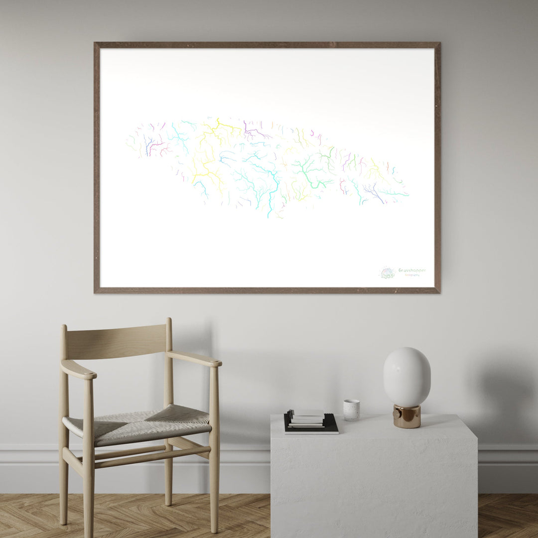 Jamaica - Mapa de la cuenca fluvial, pastel sobre blanco - Impresión de Bellas Artes