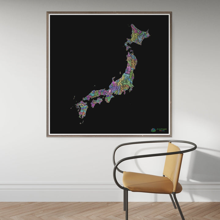 River basin map of Japan, pastel colours on black - Fine Art Print
