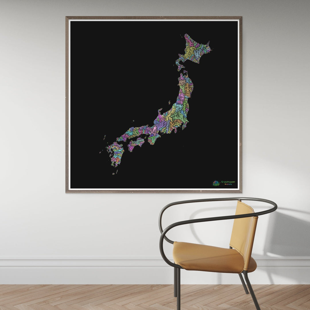 Japón - Mapa de la cuenca fluvial, pastel sobre negro - Impresión de Bellas Artes