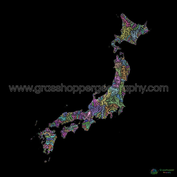 Japon - Carte des bassins fluviaux, pastel sur noir - Fine Art Print