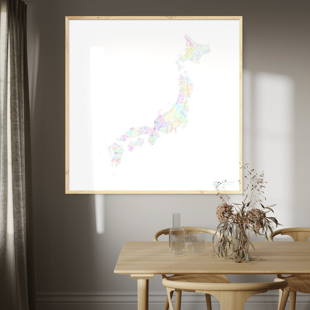 Japon - Carte des bassins fluviaux, pastel sur blanc - Fine Art Print