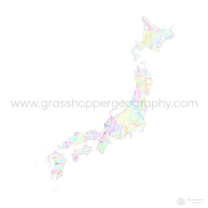 Japón - Mapa de la cuenca fluvial, pastel sobre blanco - Impresión de Bellas Artes