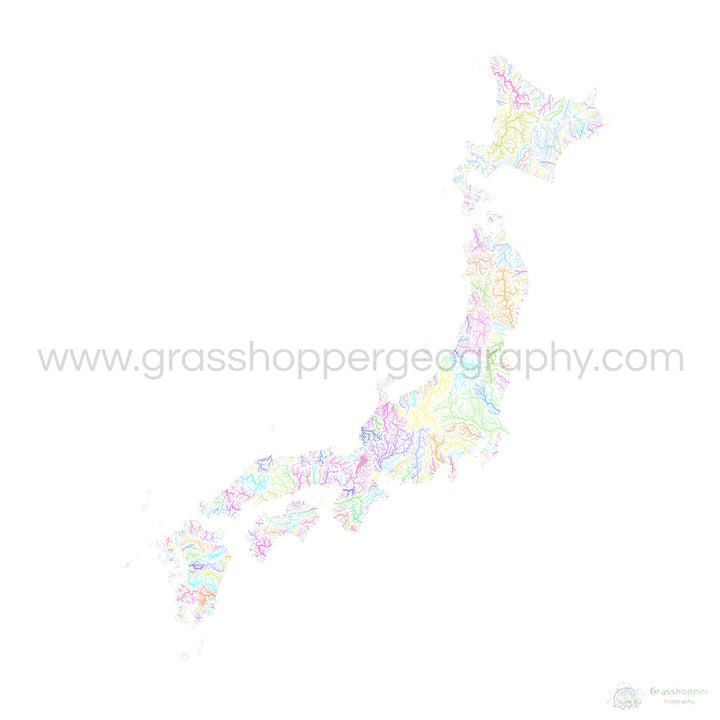 Japon - Carte des bassins fluviaux, pastel sur blanc - Fine Art Print