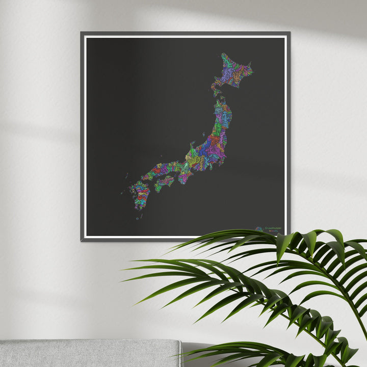 Japan - River basin map, rainbow on black - Fine Art Print