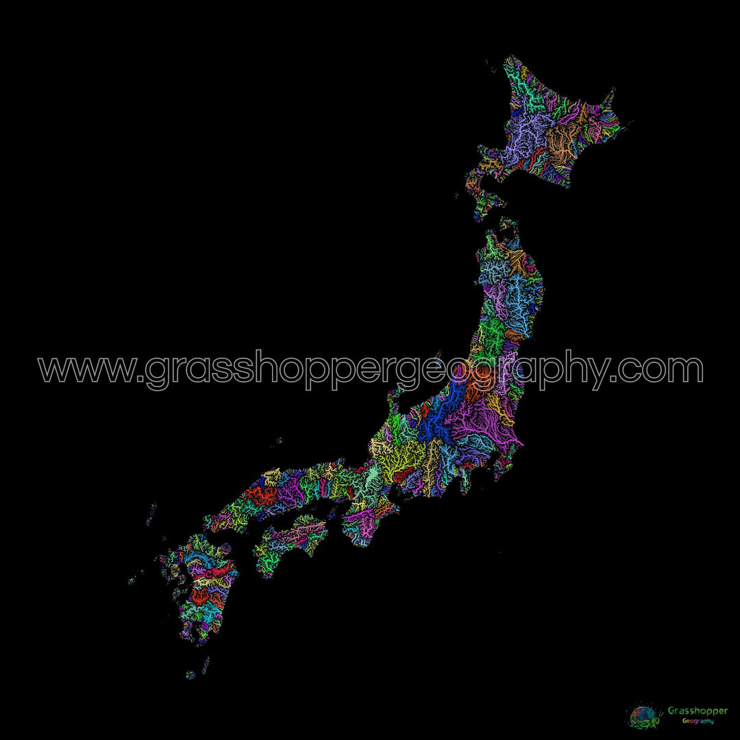 Japan - River basin map, rainbow on black - Fine Art Print