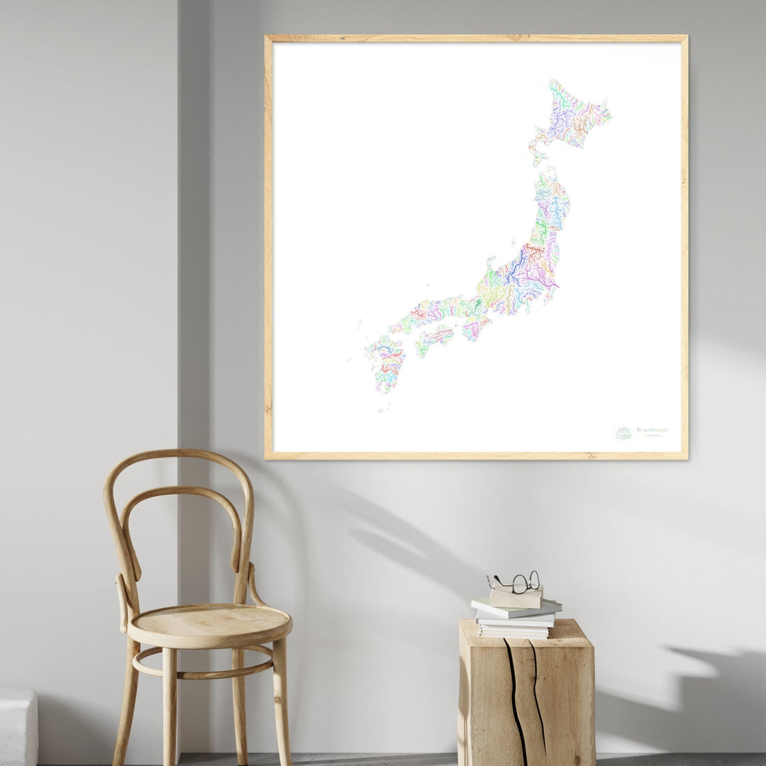 River basin map of Japan, rainbow colours on white Fine Art Print