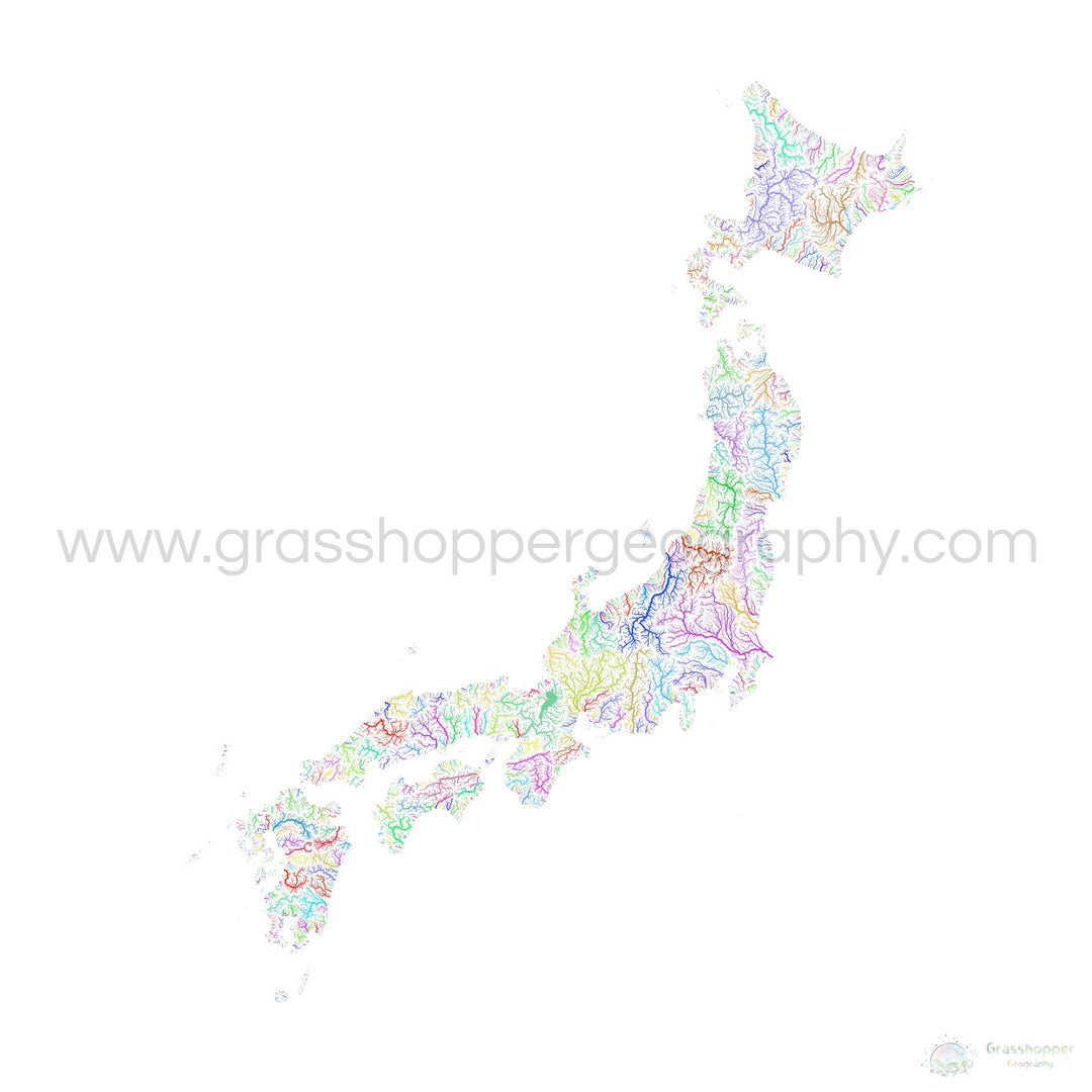 Japan - River basin map, rainbow on white - Fine Art Print