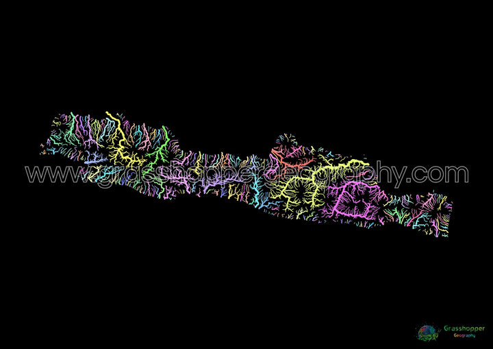 Java - Carte des bassins fluviaux, pastel sur noir - Fine Art Print
