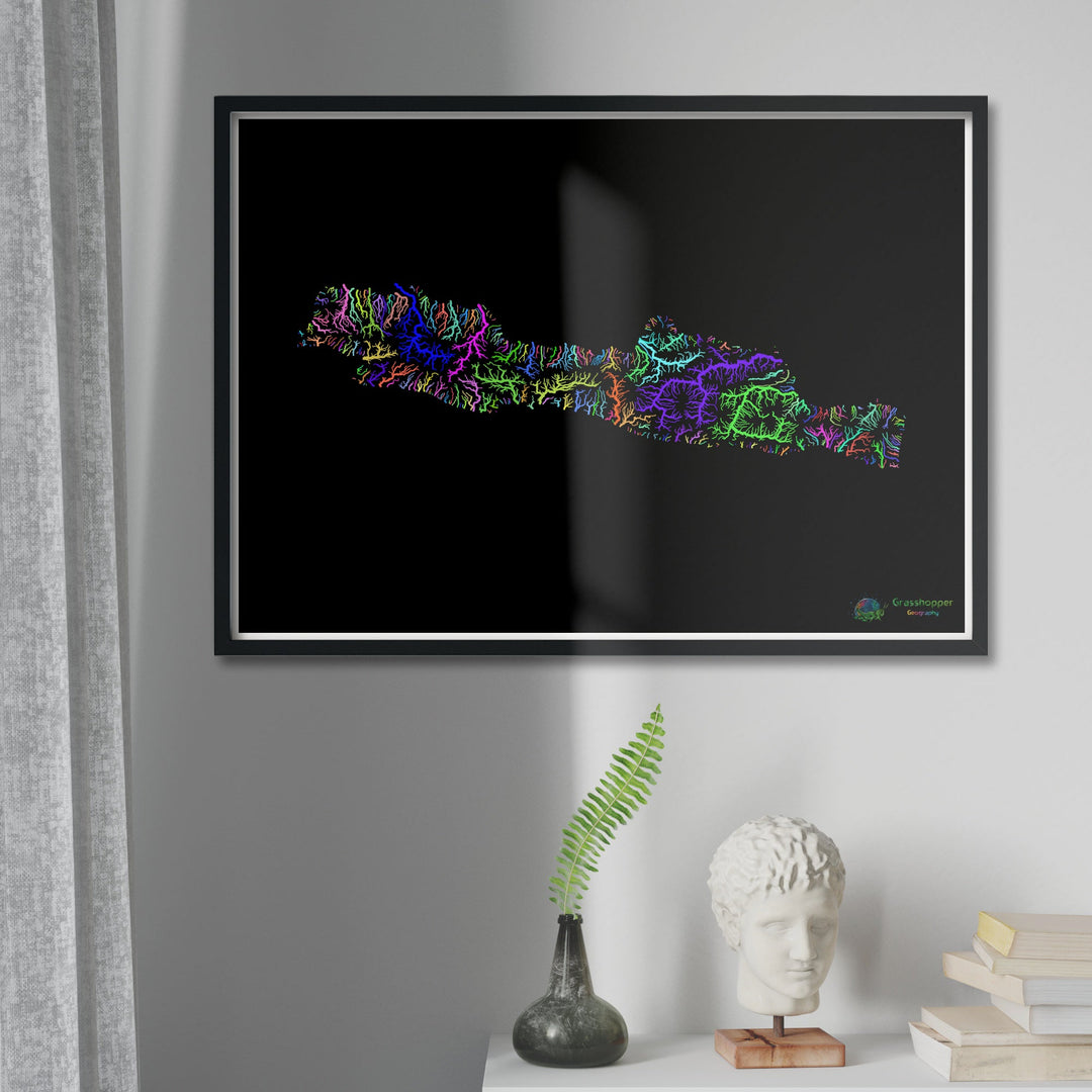 Java - River basin map, rainbow on black - Fine Art Print