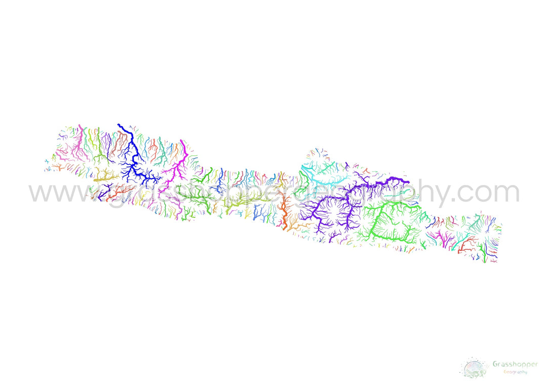 River basin map of Java, rainbow colours on white Fine Art Print