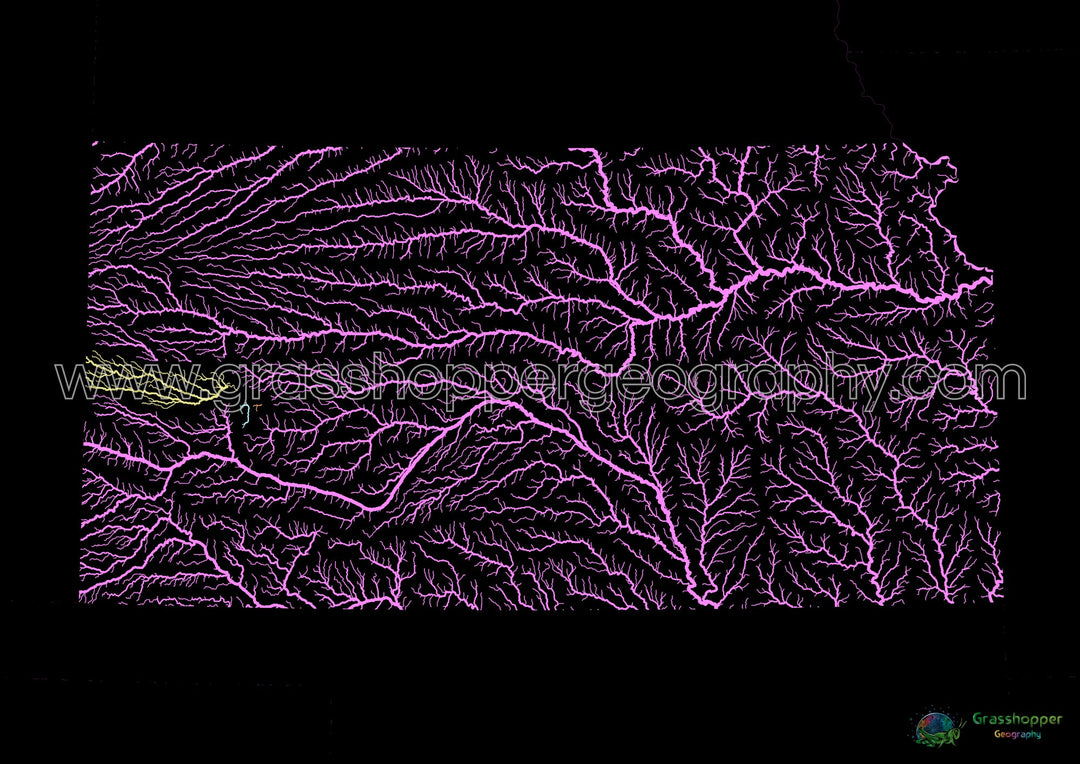 Kansas - Carte du bassin fluvial, pastel sur noir - Fine Art Print