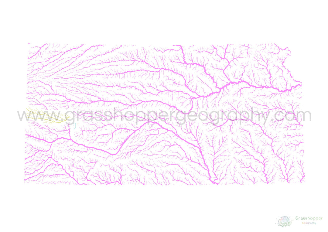 Kansas - Carte du bassin fluvial, pastel sur blanc - Fine Art Print