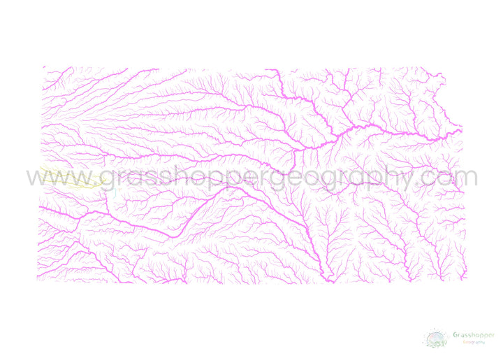 Kansas - Carte du bassin fluvial, pastel sur blanc - Fine Art Print
