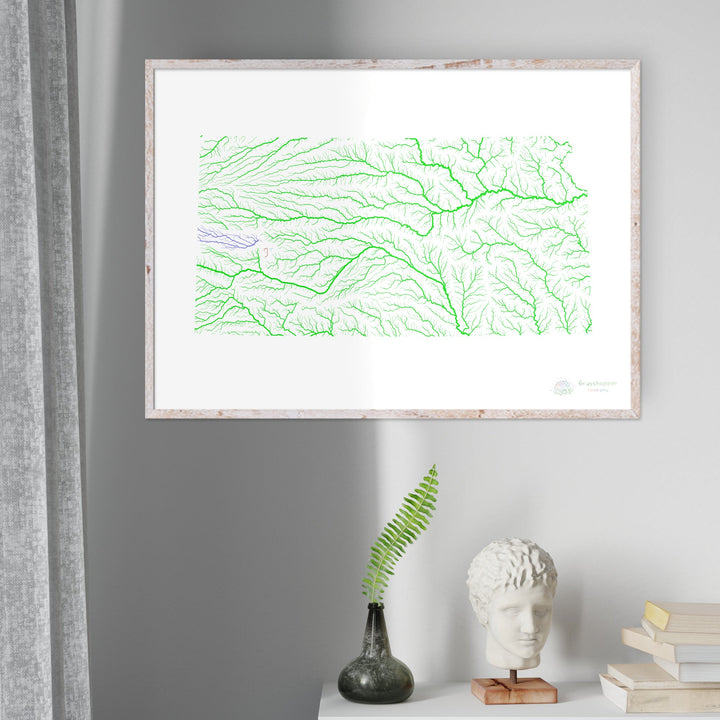 Kansas - Carte du bassin fluvial, arc-en-ciel sur blanc - Fine Art Print