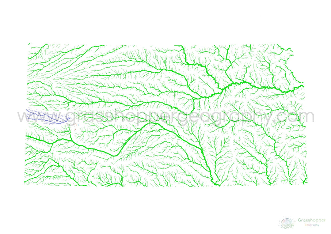 Kansas - River basin map, rainbow on white - Fine Art Print