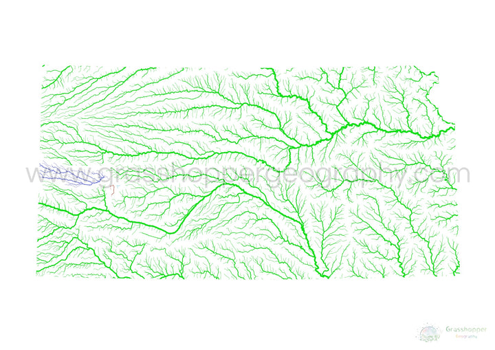 Kansas - Mapa de la cuenca del río, arco iris sobre blanco - Impresión de Bellas Artes