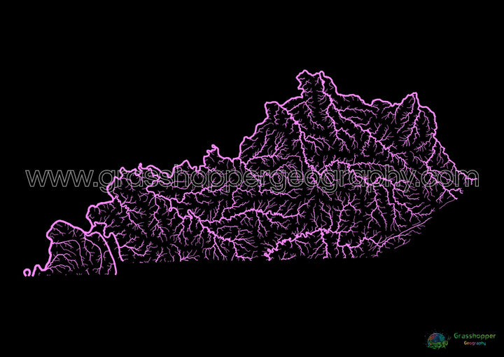 River basin map of Kentucky, pastel colours on black - Fine Art Print