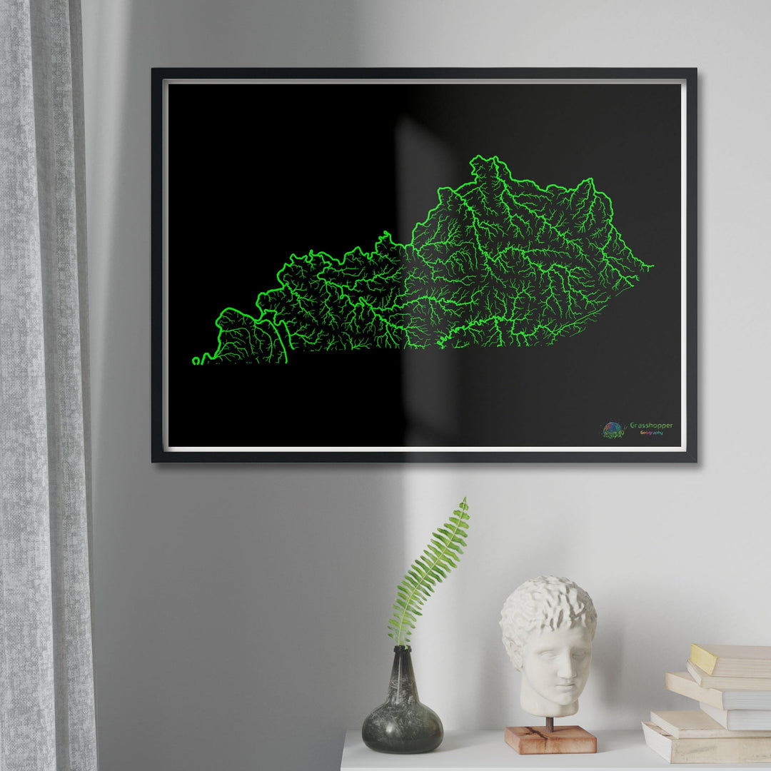 Kentucky - Carte du bassin fluvial, arc-en-ciel sur noir - Fine Art Print