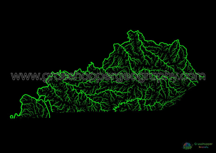 Kentucky - Mapa de la cuenca del río, arco iris sobre negro - Impresión de Bellas Artes