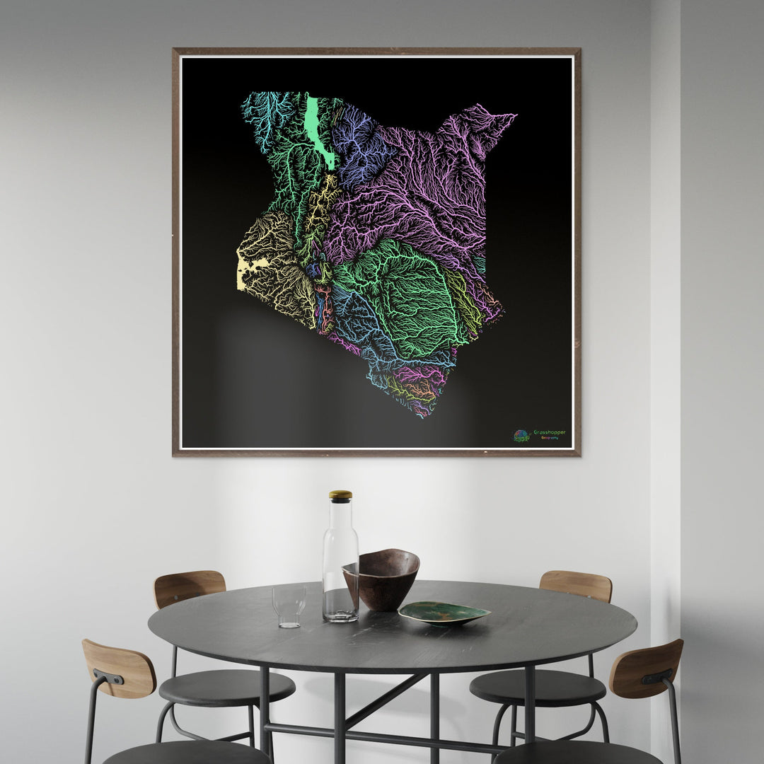 Kenya - Carte des bassins fluviaux, pastel sur noir - Fine Art Print