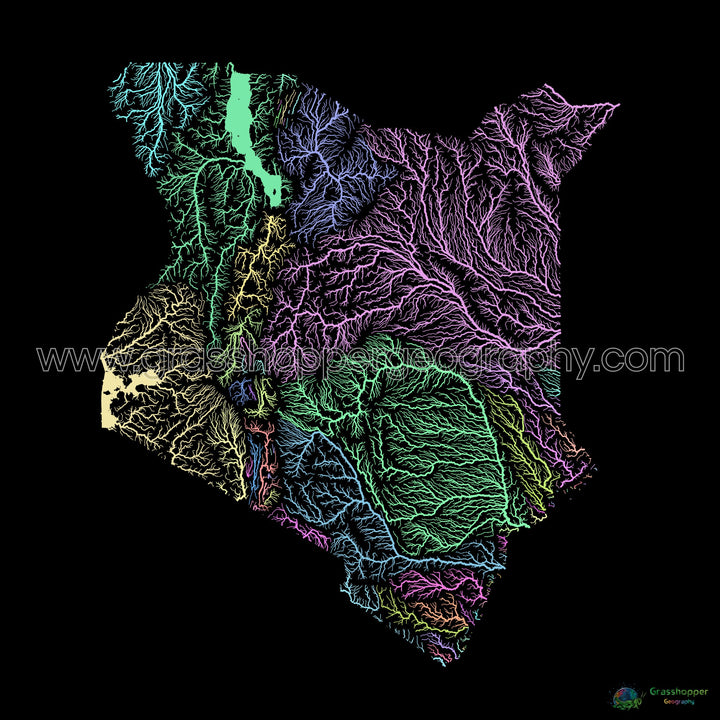 River basin map of Kenya, pastel colours on black - Fine Art Print