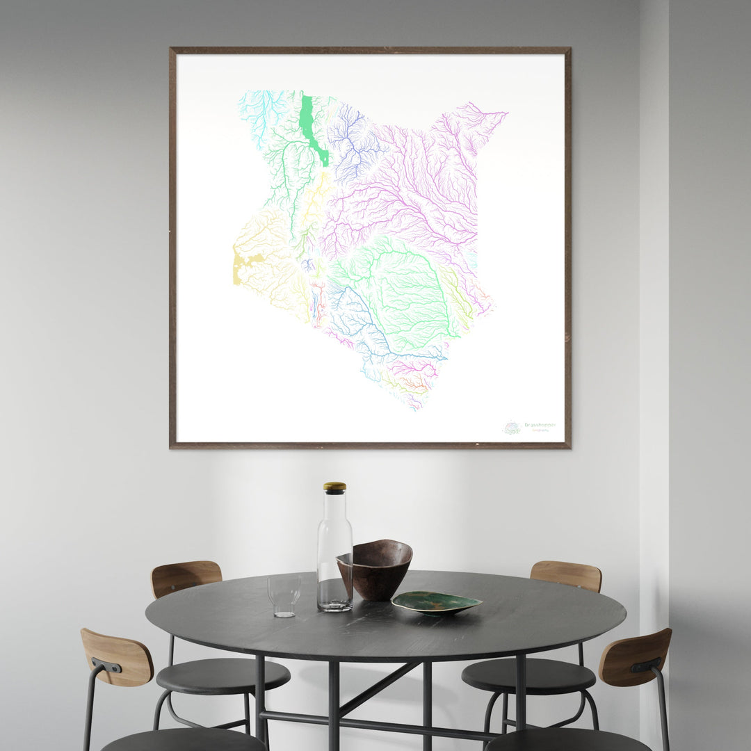 Kenya - Carte des bassins fluviaux, pastel sur blanc - Fine Art Print