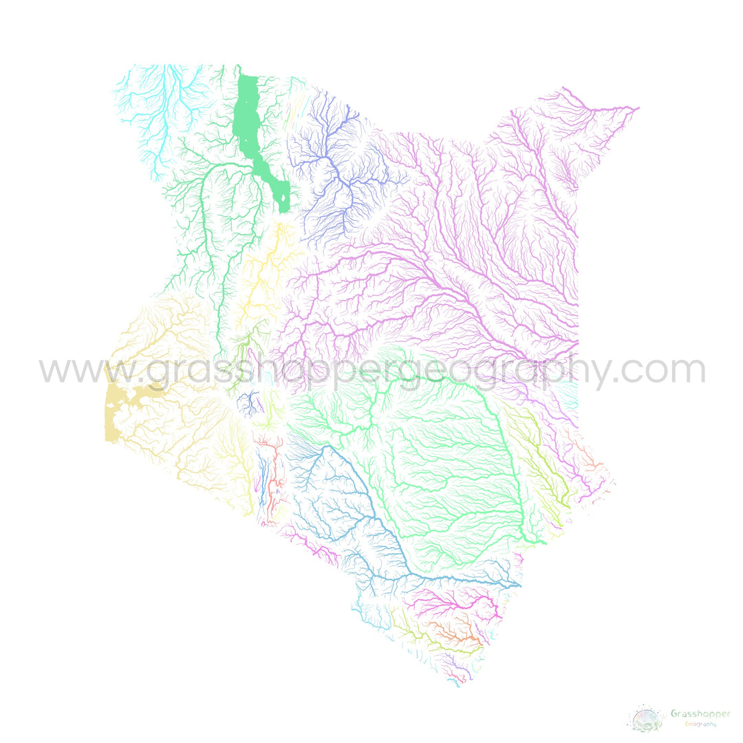 Kenia - Mapa de la cuenca fluvial, pastel sobre blanco - Impresión de Bellas Artes