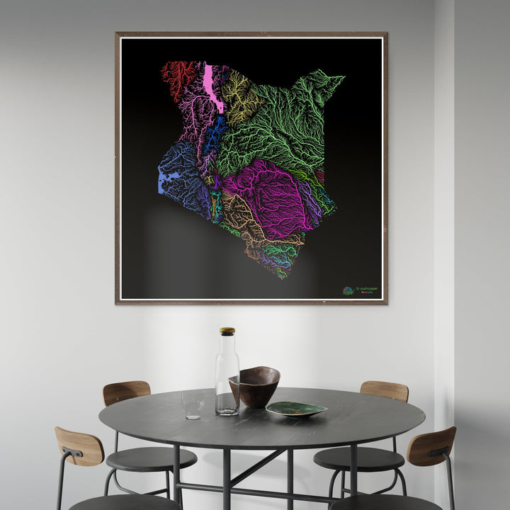 Kenia - Mapa de la cuenca fluvial, arco iris sobre negro - Impresión de Bellas Artes
